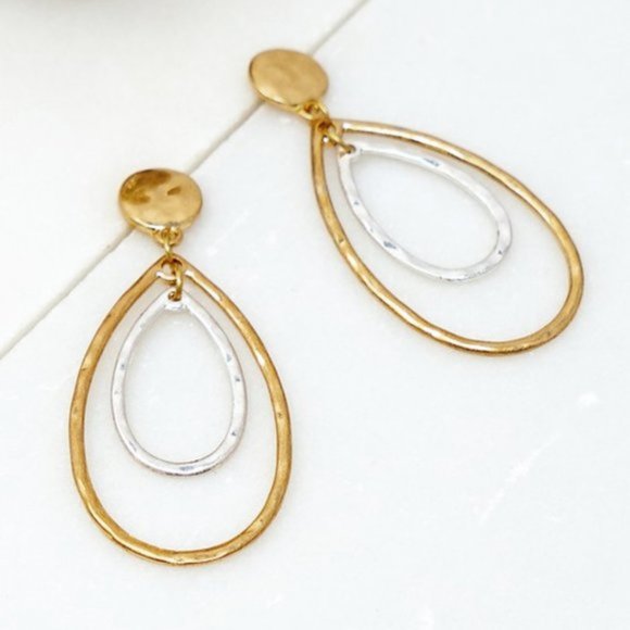 Gold Silver Mix Hammer Tear Drop Dangle Earring - Picture 2 of 6